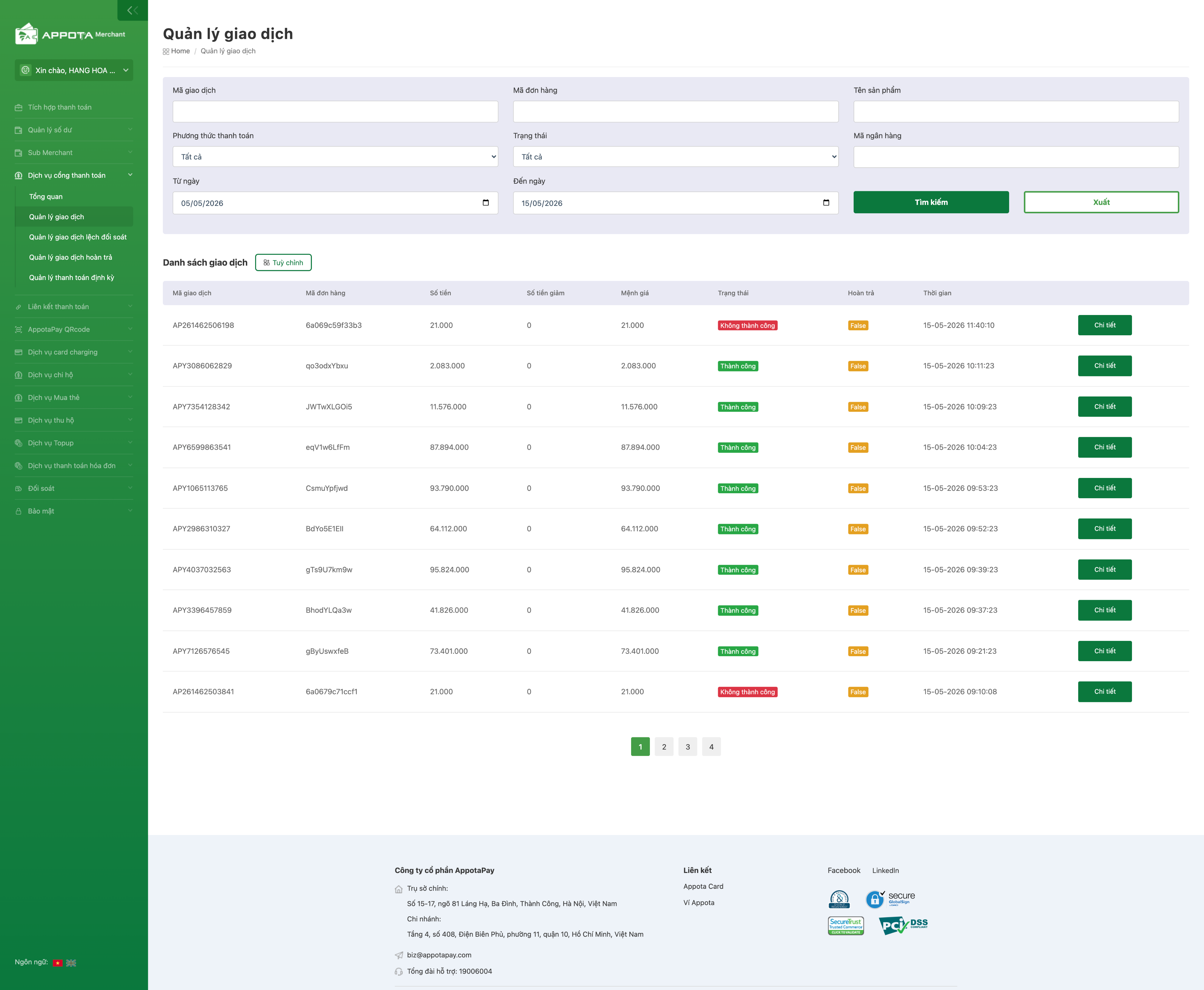 Dashboard quản lý giao dịch AppotaPay