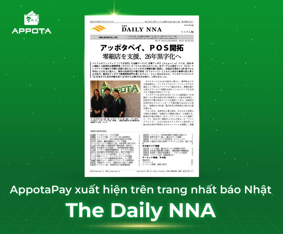 AppotaPay xuất hiện trên trang nhất báo Nhật The Daily NNA
