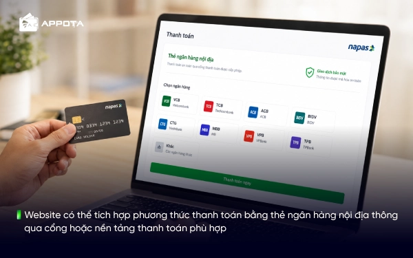 Website có thể tích hợp phương thức thanh toán bằng thẻ ngân hàng nội địa thông qua cổng hoặc nền tảng thanh toán phù hợp