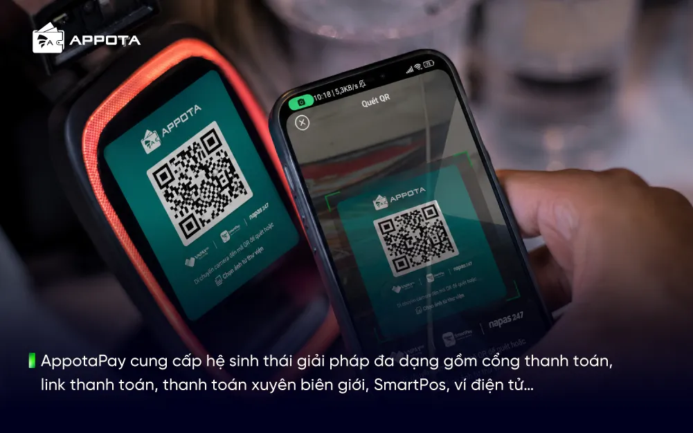 AppotaPay cung cấp hệ sinh thái giải pháp đa dạng gồm cổng thanh toán, link thanh toán, thanh toán xuyên biên giới, SmartPos, ví điện tử…