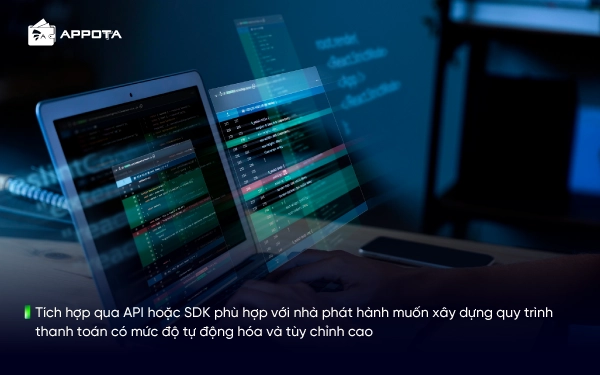 Tích hợp qua API hoặc SDK phù hợp với nhà phát hành muốn xây dựng quy trình thanh toán có mức độ tự động hóa và tùy chỉnh cao
