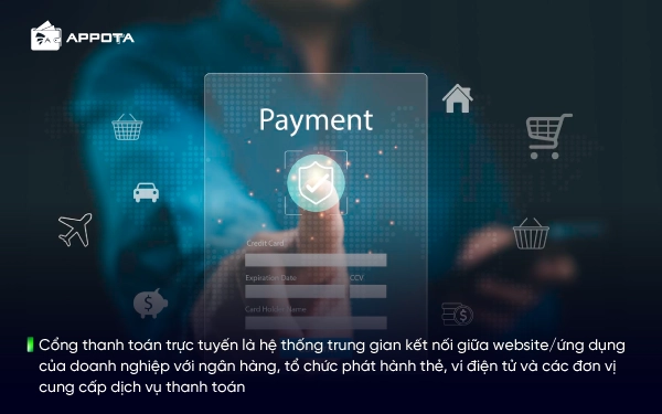 Cổng thanh toán trực tuyến là hệ thống trung gian kết nối giữa website/ứng dụng của doanh nghiệp với ngân hàng, tổ chức phát hành thẻ, ví điện tử và các đơn vị cung cấp dịch vụ thanh toán