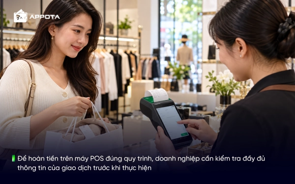Để hoàn tiền trên máy POS đúng quy trình, doanh nghiệp cần kiểm tra đầy đủ thông tin của giao dịch trước khi thực hiện