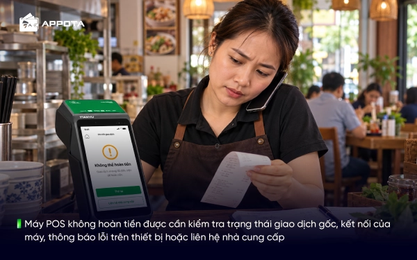 Máy POS không hoàn tiền được cần kiểm tra trạng thái giao dịch gốc, kết nối của máy, thông báo lỗi trên thiết bị hoặc liên hệ nhà cung cấp