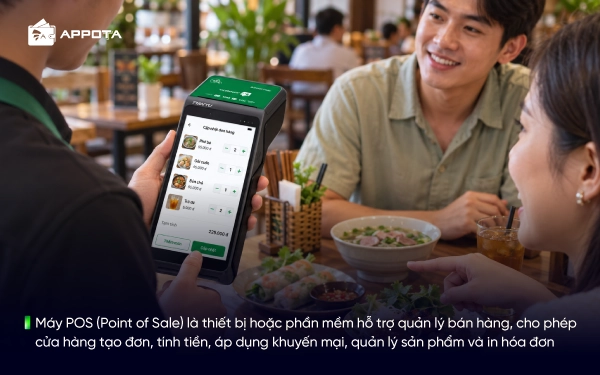 Máy POS (Point of Sale) là thiết bị hoặc phần mềm hỗ trợ quản lý bán hàng, cho phép cửa hàng tạo đơn, tính tiền, áp dụng khuyến mại, quản lý sản phẩm và in hóa đơn