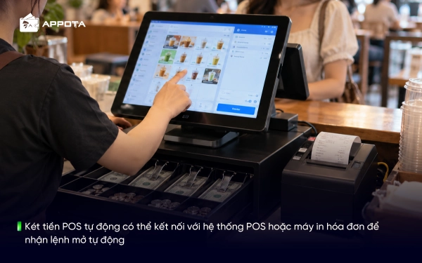 Két tiền POS tự động có thể kết nối với hệ thống POS hoặc máy in hóa đơn để nhận lệnh mở tự động