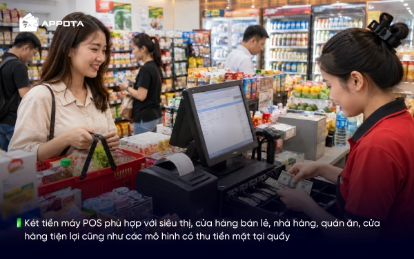 Két tiền máy POS phù hợp với siêu thị, cửa hàng bán lẻ, nhà hàng, quán ăn, cửa hàng tiện lợi cũng như các mô hình có thu tiền mặt tại quầy