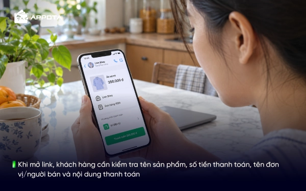 Khi mở link, khách hàng cần kiểm tra tên sản phẩm, số tiền thanh toán, tên đơn vị/người bán và nội dung thanh toán