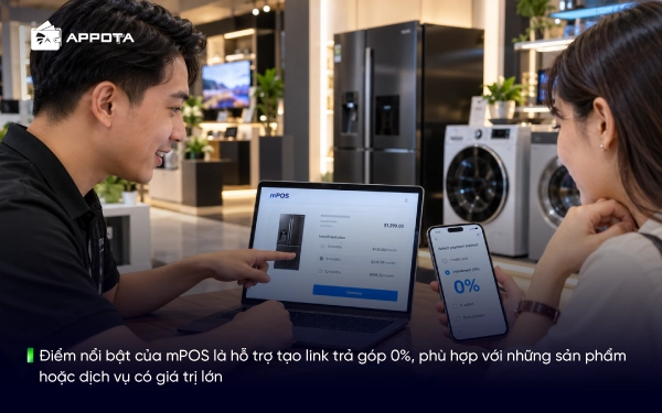 Điểm nổi bật của mPOS là hỗ trợ tạo link trả góp 0%, phù hợp với những sản phẩm hoặc dịch vụ có giá trị lớn