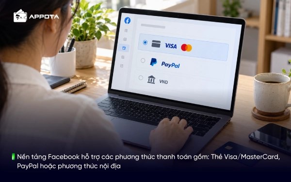Nền tảng Facebook hỗ trợ các phương thức thanh toán gồm: Thẻ Visa/MasterCard, PayPal hoặc phương thức nội địa